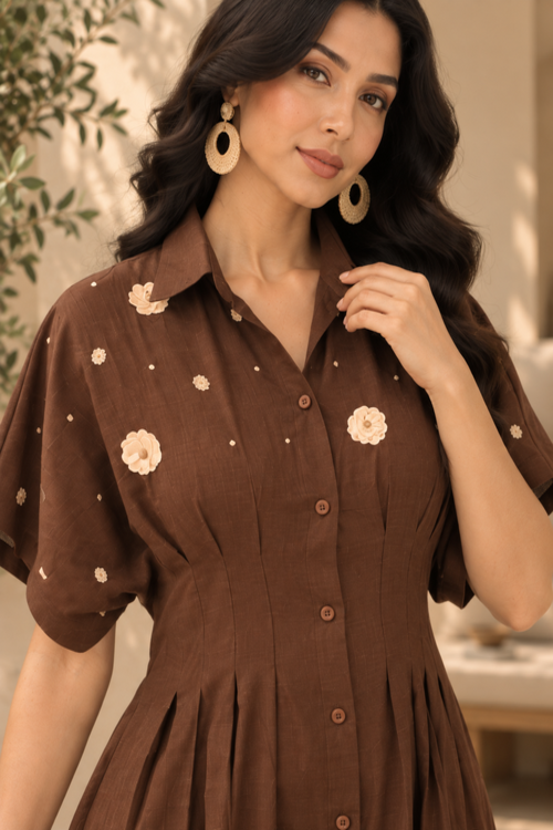 Brown Pleated Embellished Dress