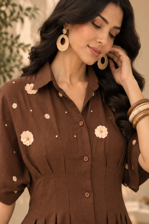 Brown Pleated Embellished Dress