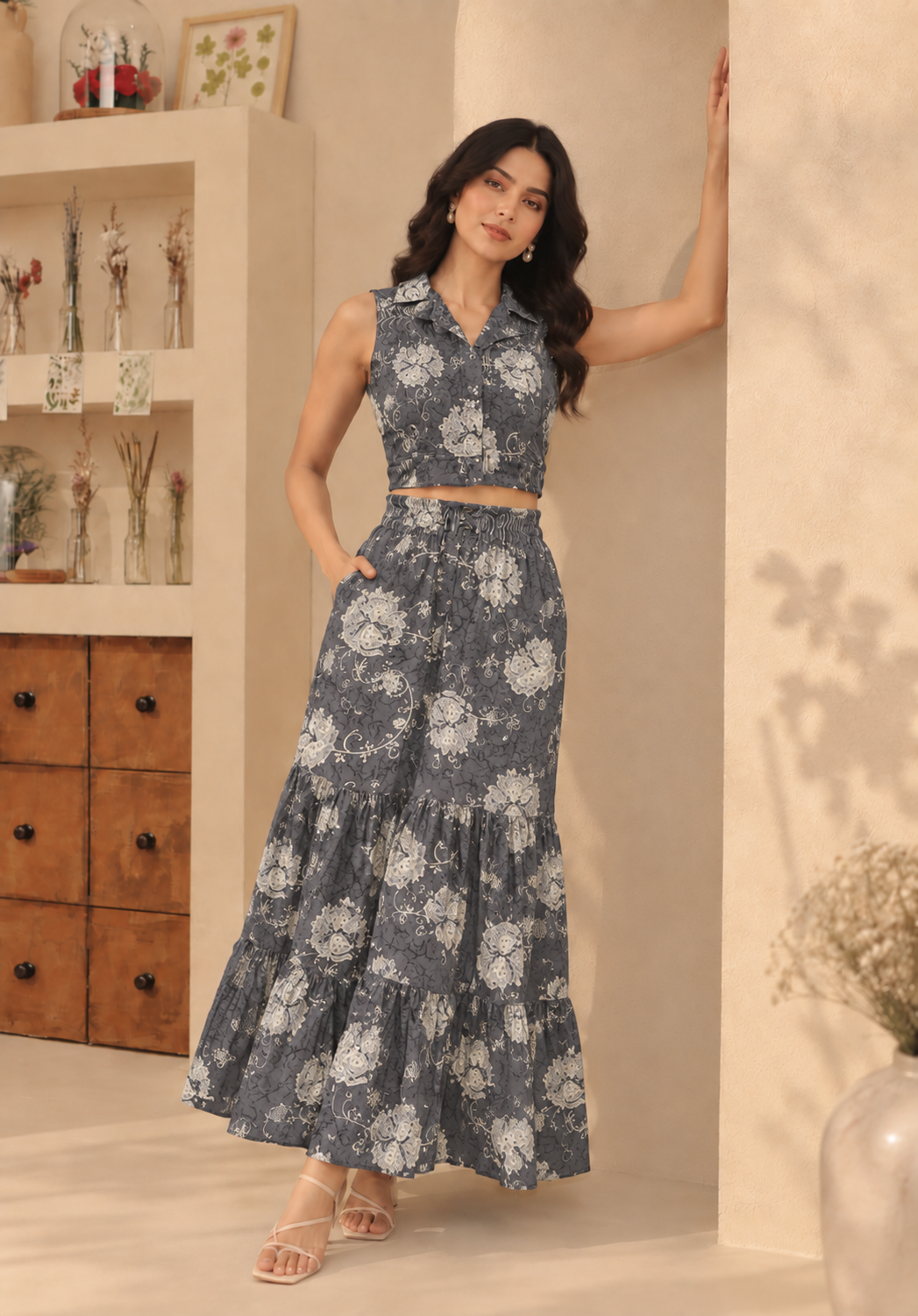 Grey Floral Crop Shirt And Maxi Skirt Co-ord Set