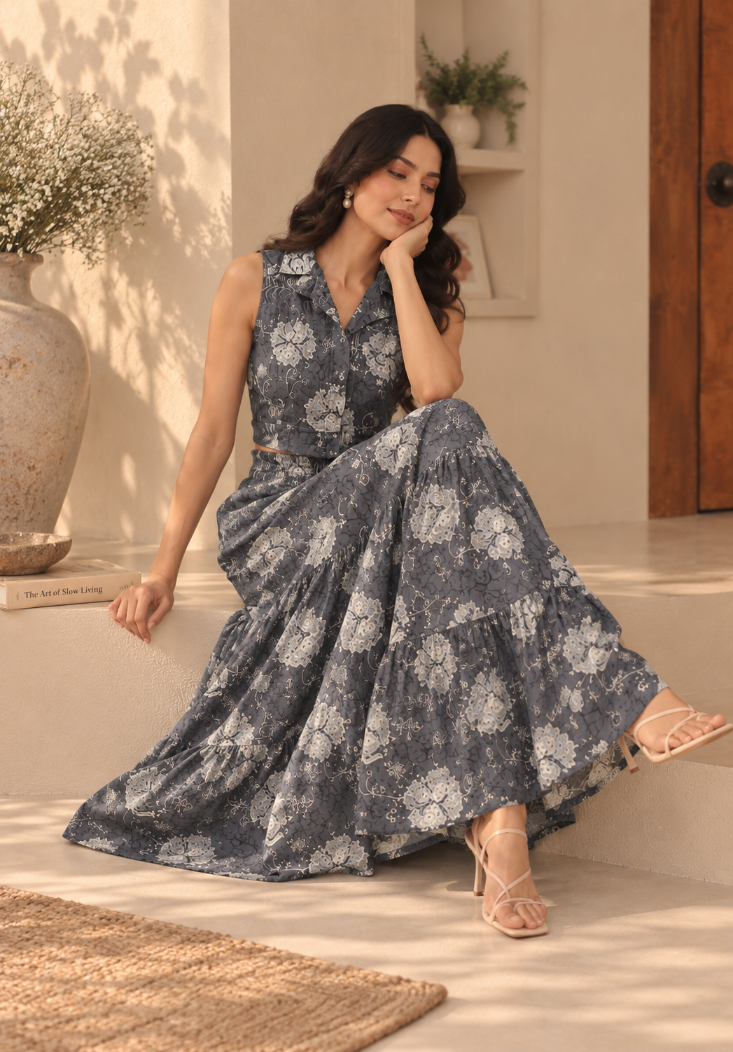 Grey Floral Crop Shirt And Maxi Skirt Co-ord Set