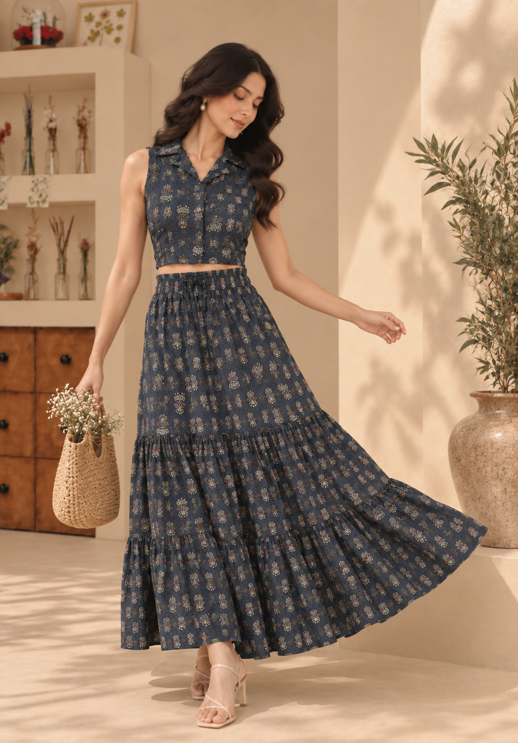 Navy Blue Crop Shirt And Maxi Skirt Co-ord Set