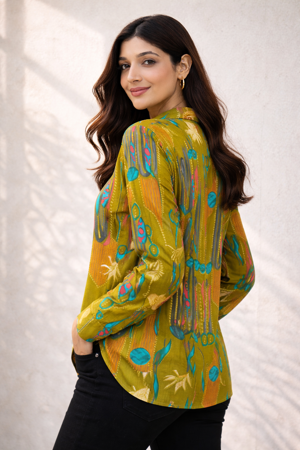 Olive Green Abstract Print Shirt