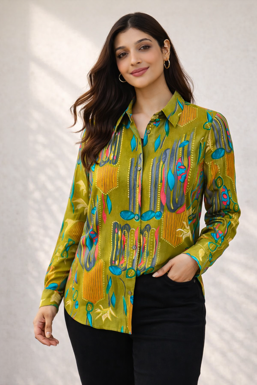 Olive Green Abstract Print Shirt