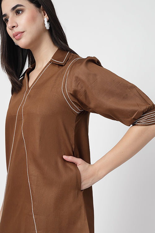 Toffee Trim Glace A-Line Dress