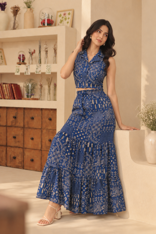 Navy Folks Crop Shirt And Maxi Skirt Co-ord Set