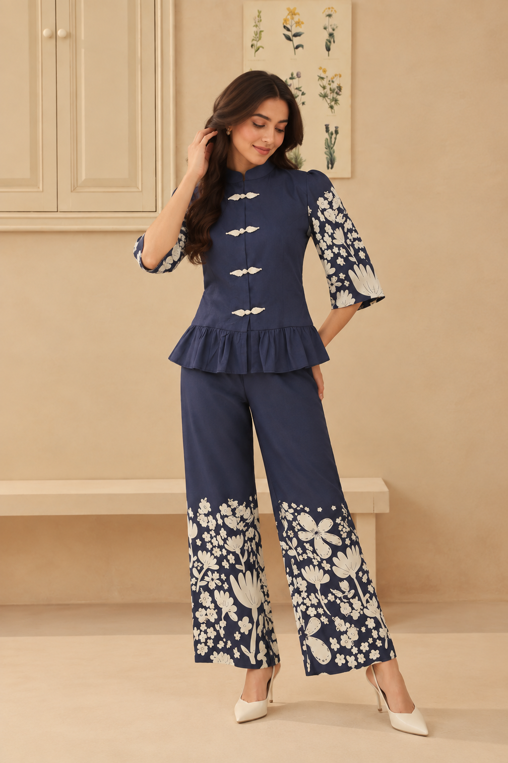 Mandarin Denim Blue Peplum Top Coord Set