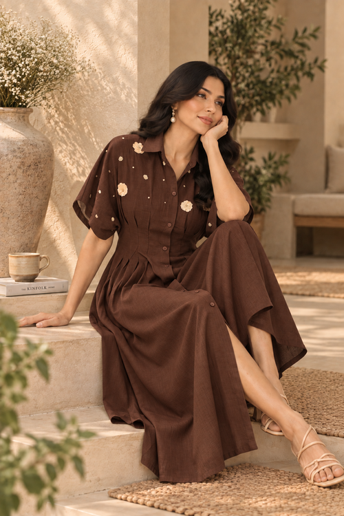 Brown Pleated Embellished Dress