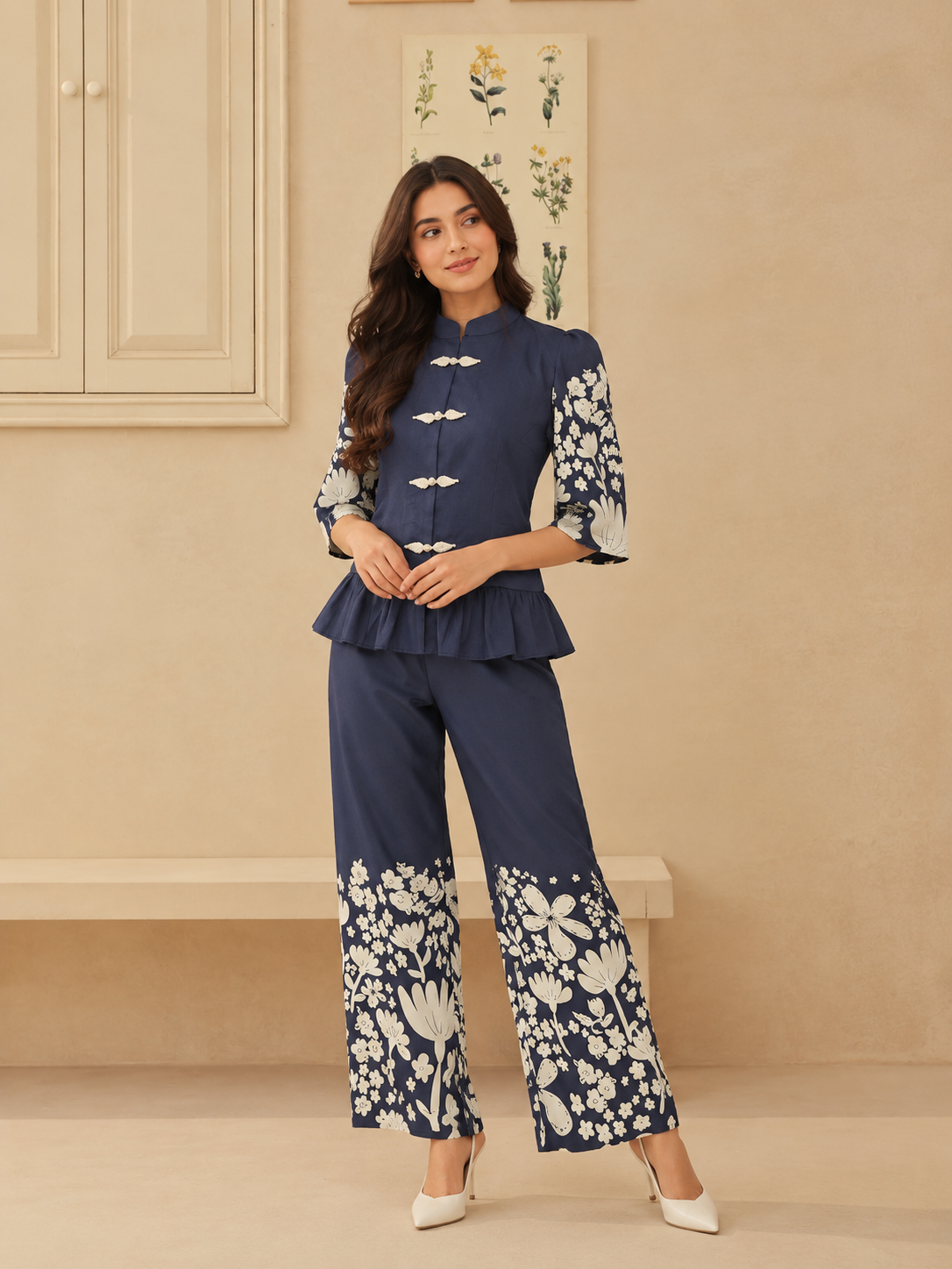 Mandarin Denim Blue Peplum Top Coord Set
