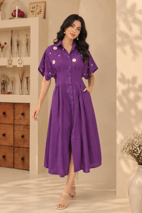 Purple Pleated Embellished Dress