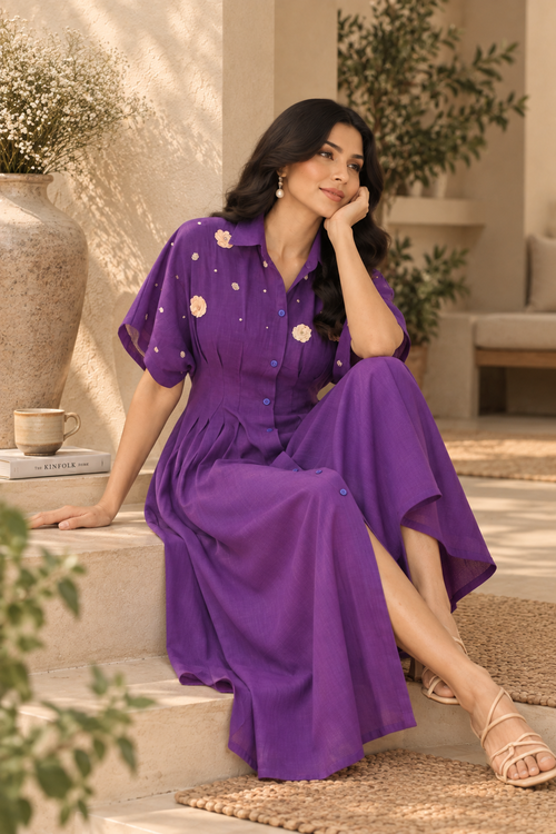Purple Pleated Embellished Dress