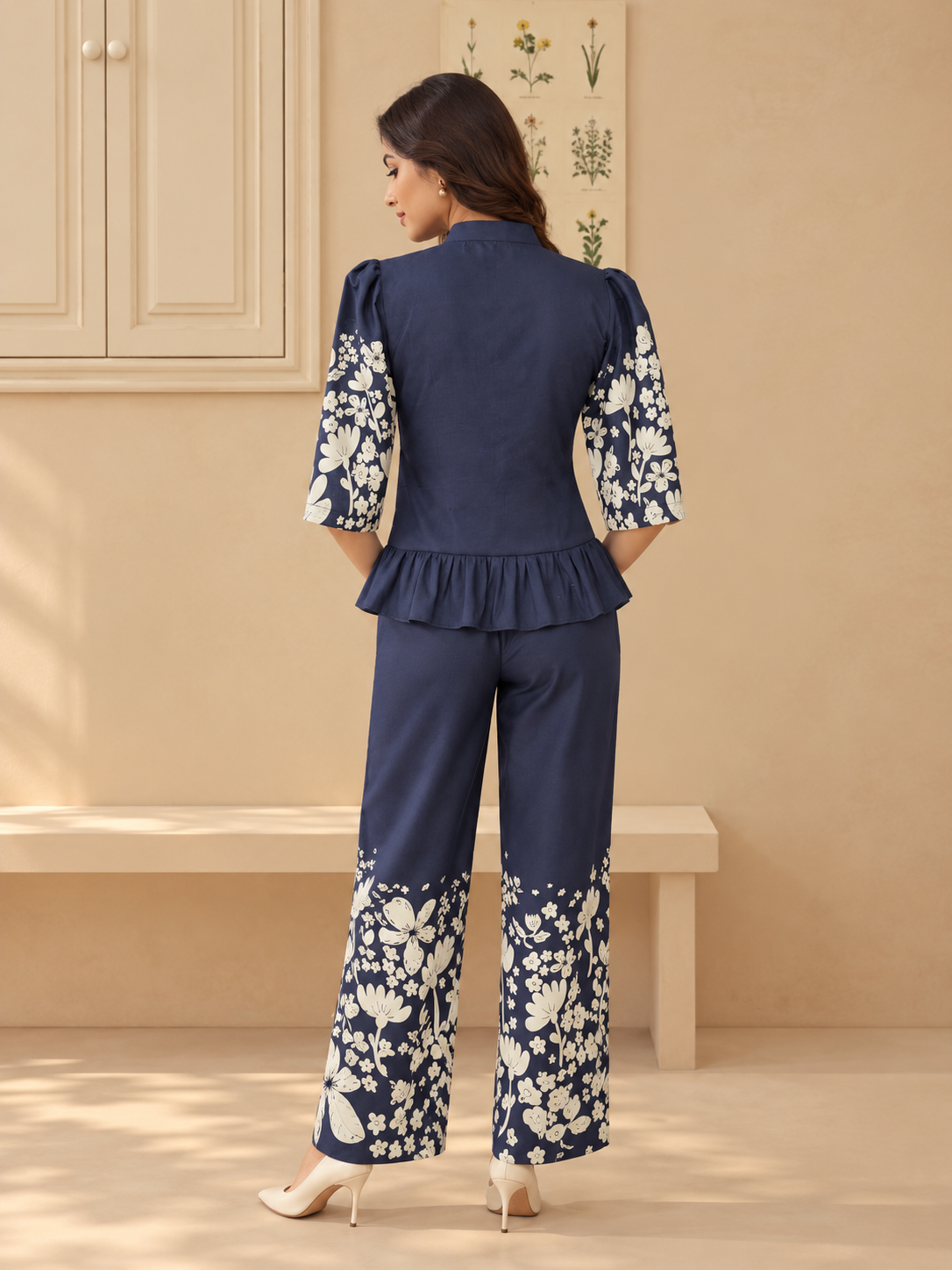 Mandarin Denim Blue Peplum Top Coord Set