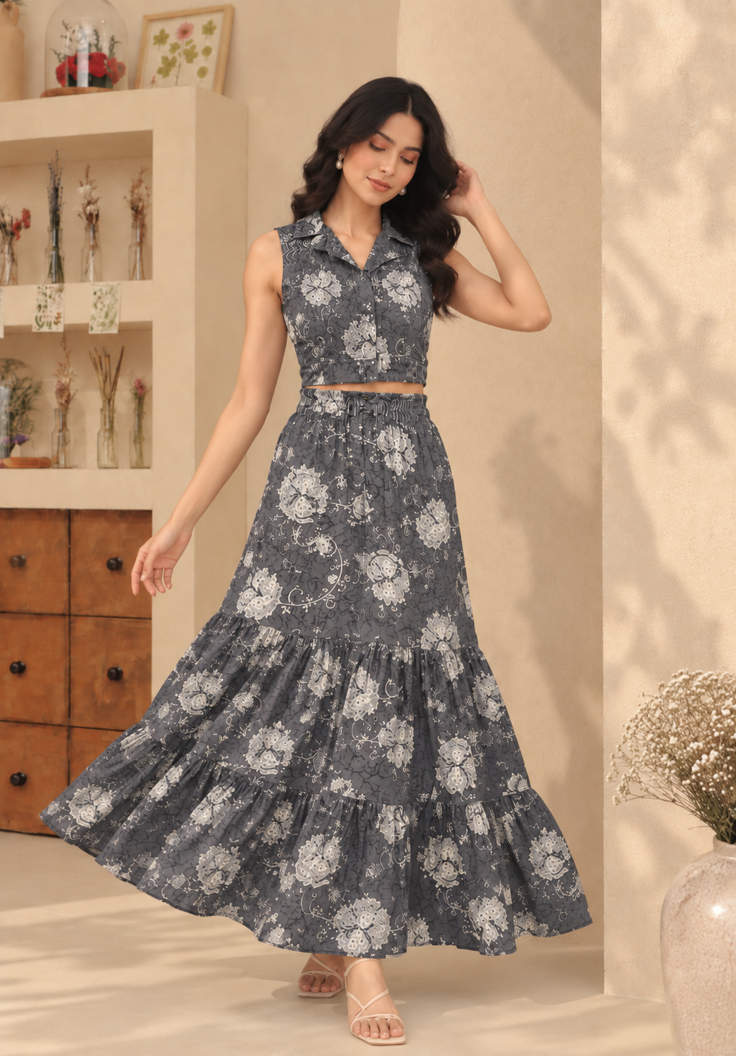 Grey Floral Crop Shirt And Maxi Skirt Co-ord Set