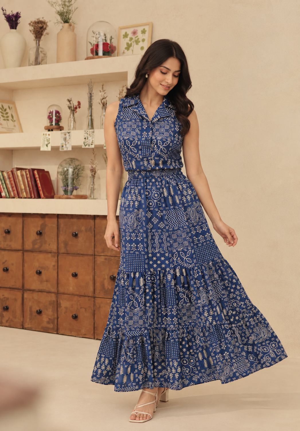 Navy Folks Crop Shirt And Maxi Skirt Co-ord Set