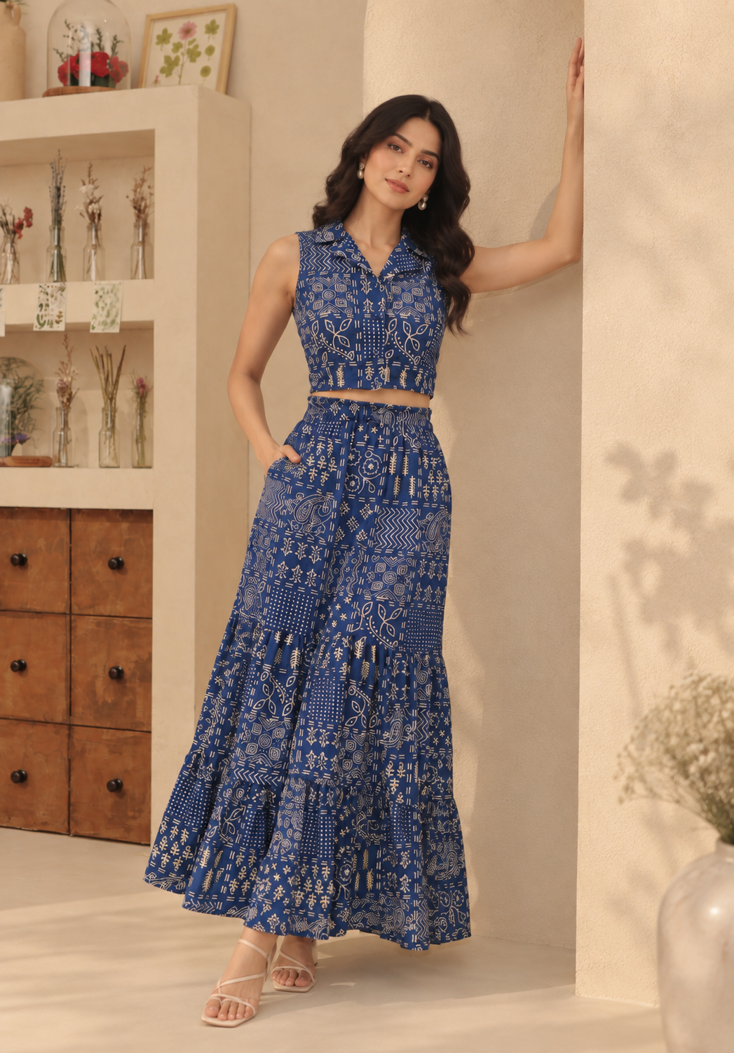Navy Folks Crop Shirt And Maxi Skirt Co-ord Set