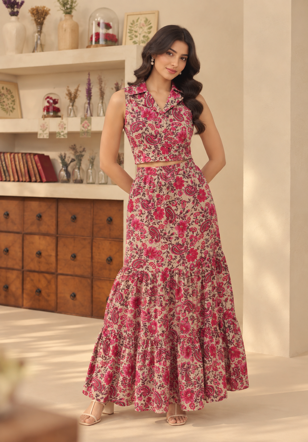 Pink Paisley Crop Shirt And Maxi Skirt Co-ord Set