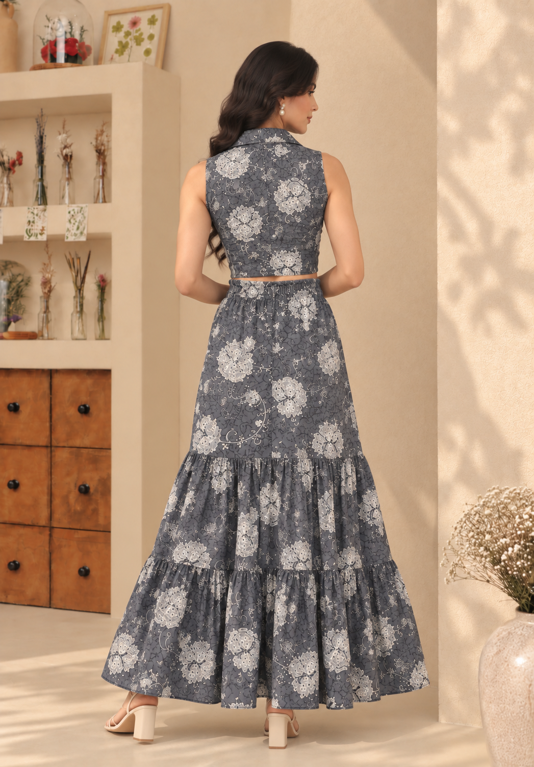 Grey Floral Crop Shirt And Maxi Skirt Co-ord Set