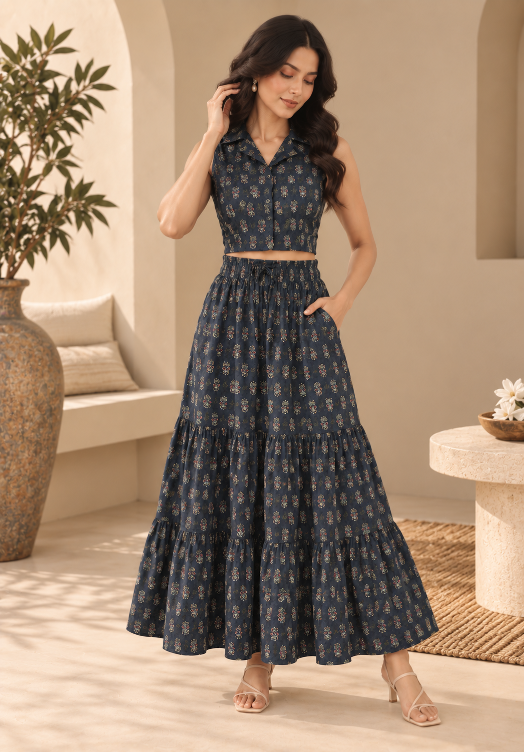 Navy Blue Crop Shirt And Maxi Skirt Co-ord Set