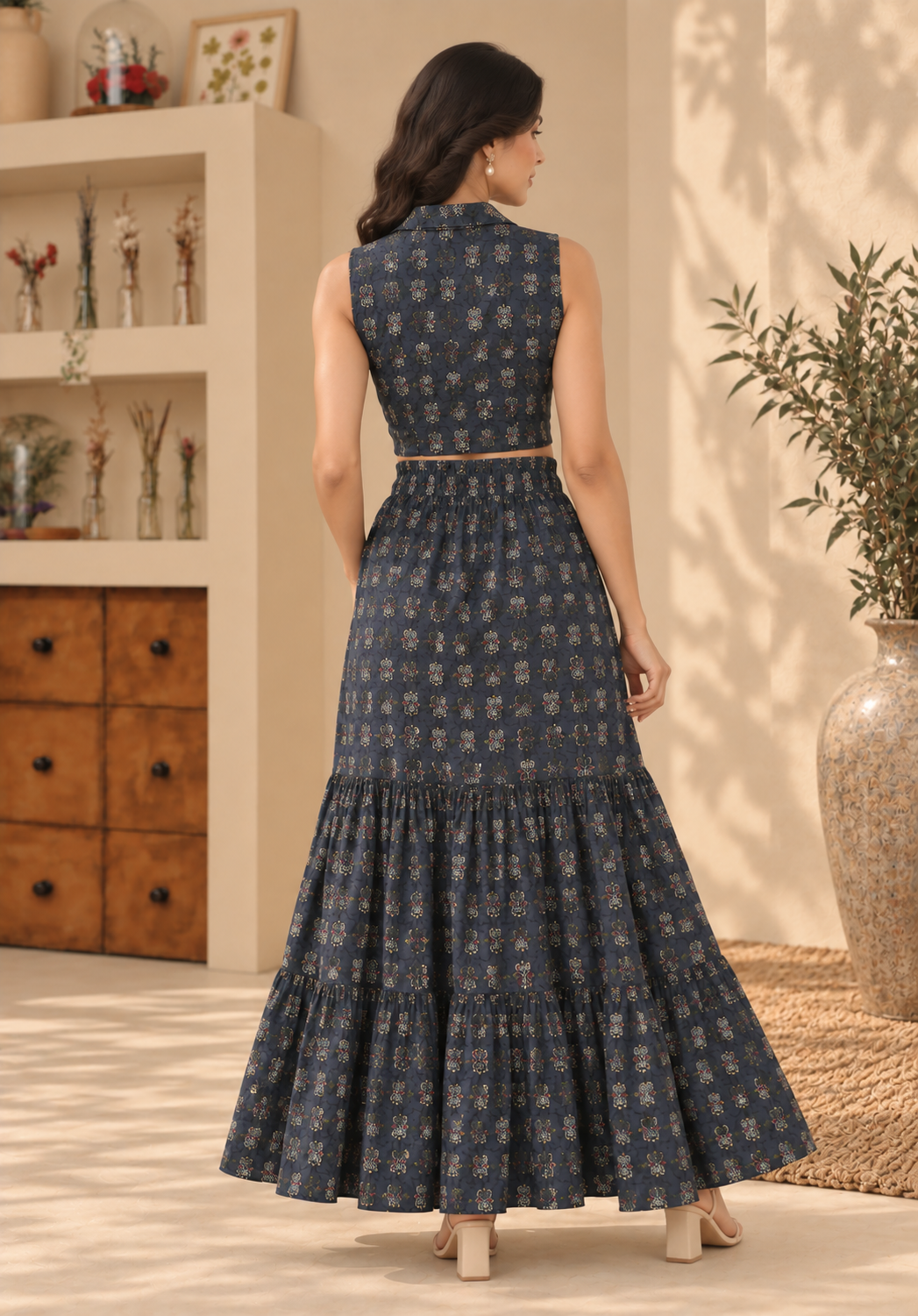 Navy Blue Crop Shirt And Maxi Skirt Co-ord Set