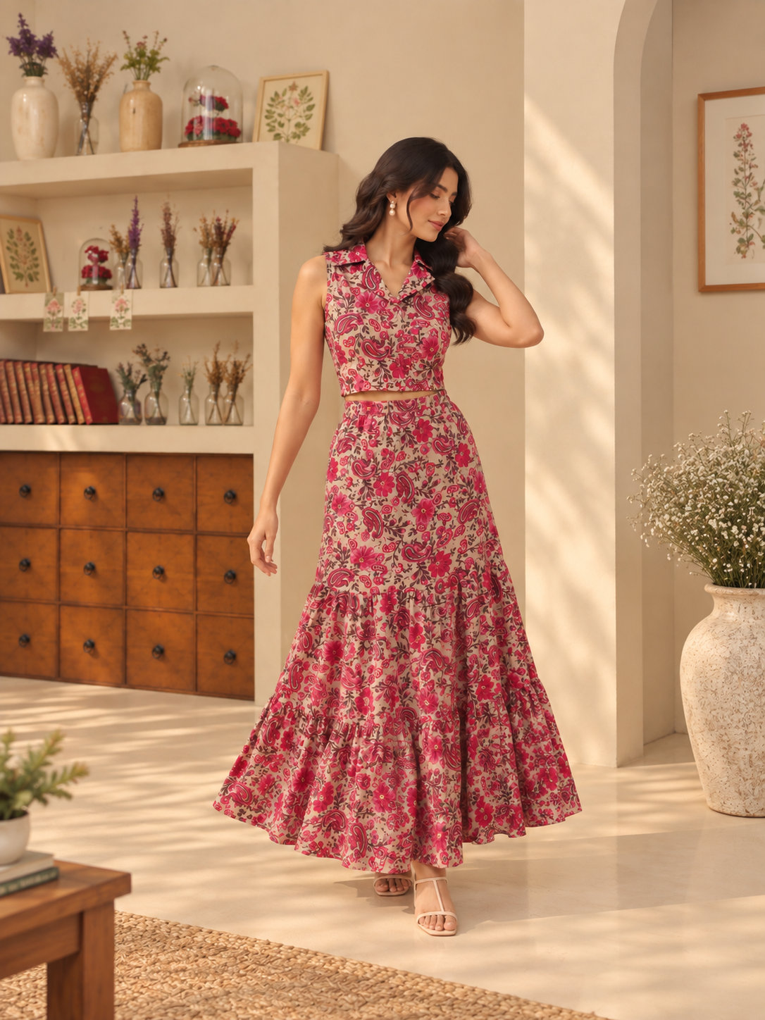 Pink Paisley Crop Shirt And Maxi Skirt Co-ord Set