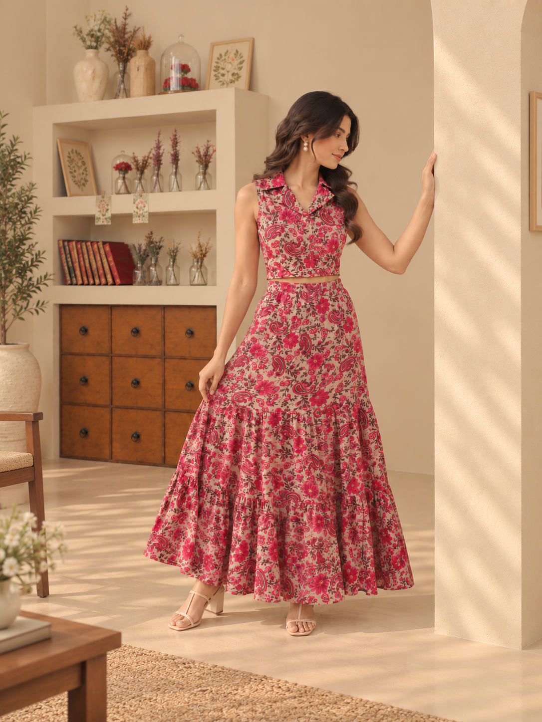 Pink Paisley Crop Shirt And Maxi Skirt Co-ord Set