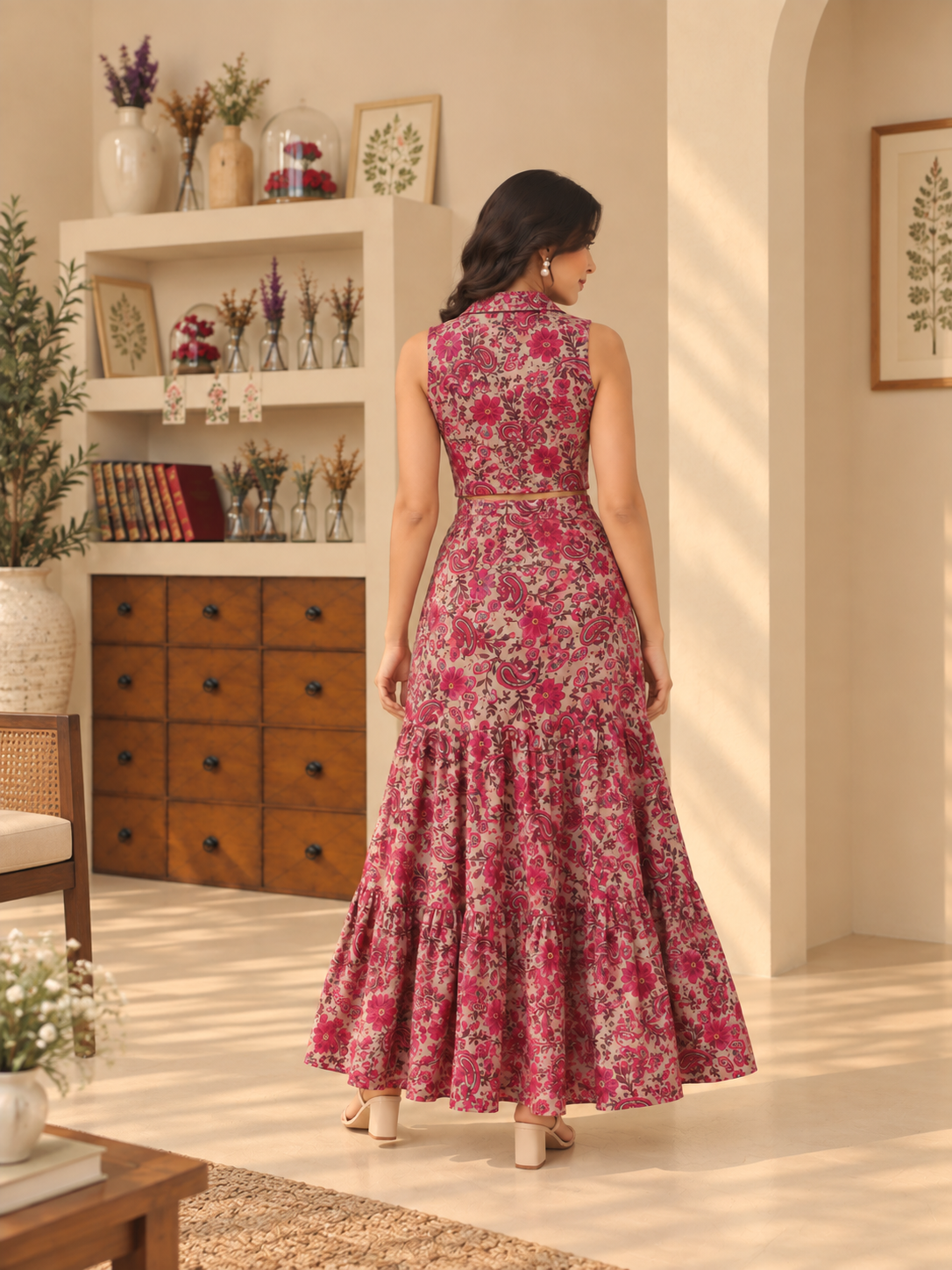 Pink Paisley Crop Shirt And Maxi Skirt Co-ord Set