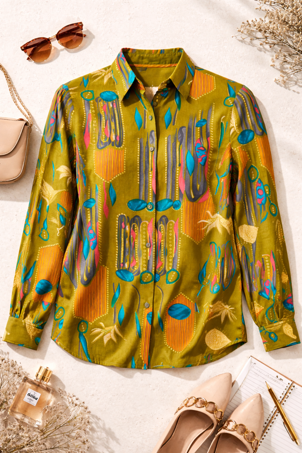 Olive Green Abstract Print Shirt