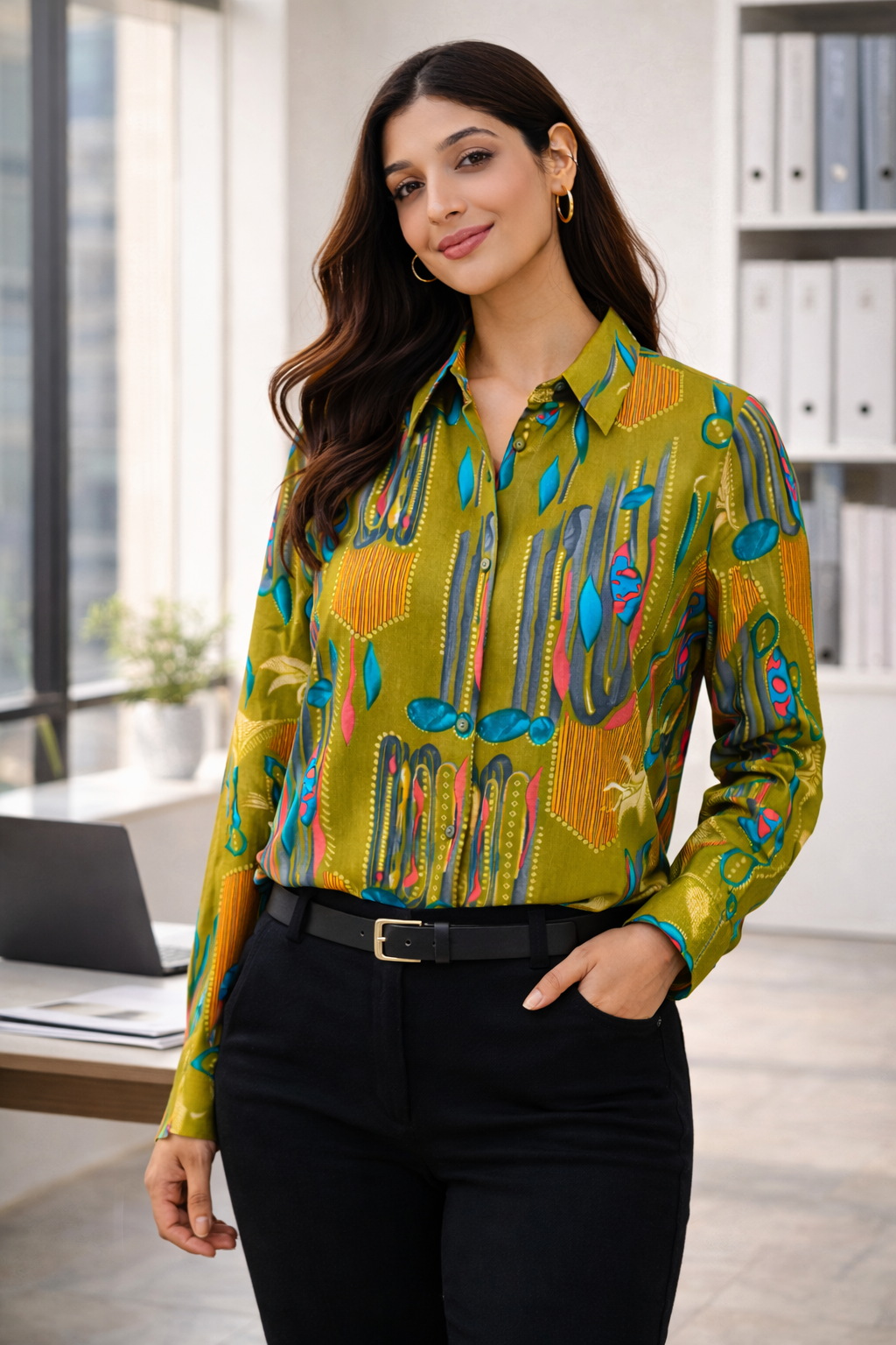 Olive Green Abstract Print Shirt
