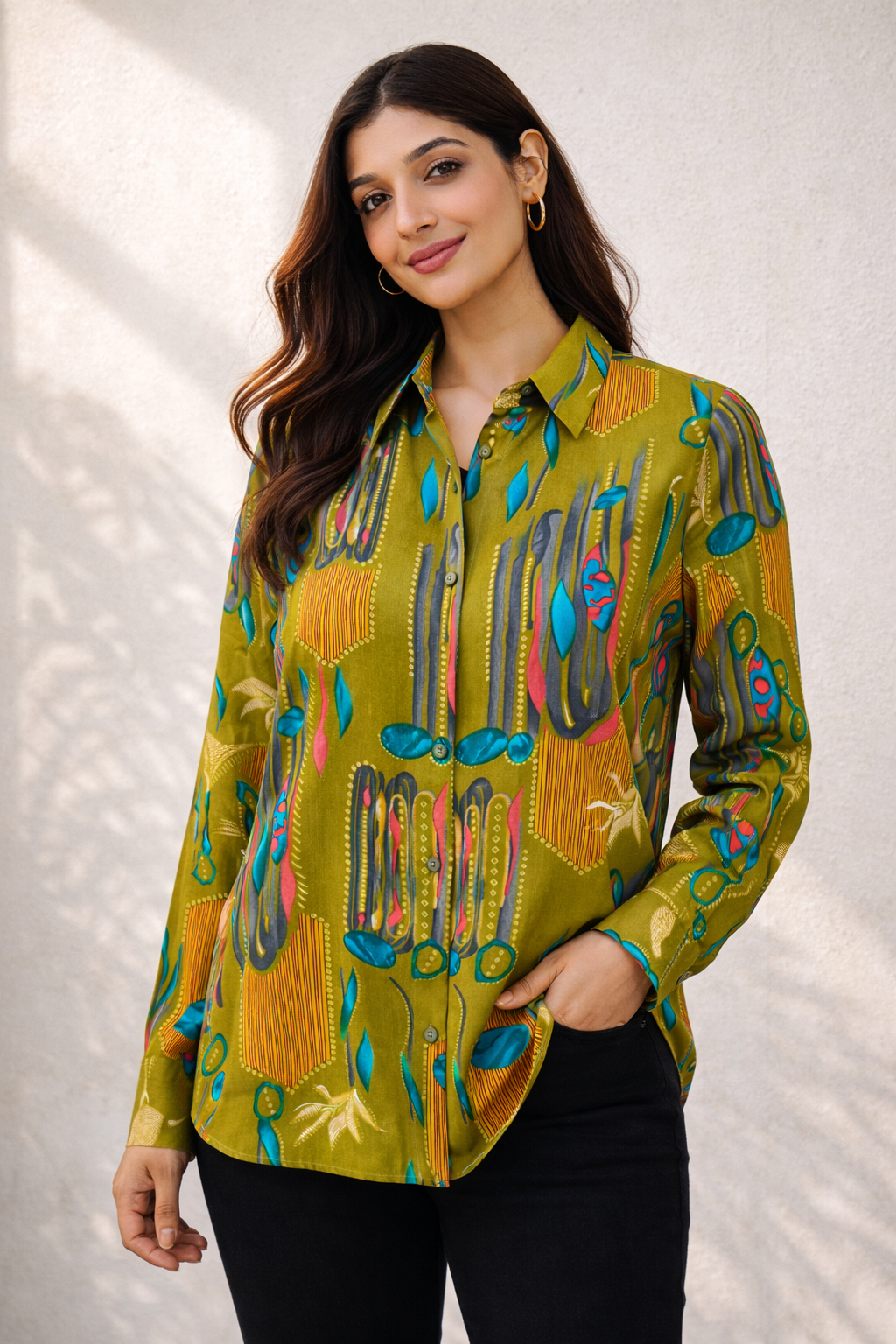 Olive Green Abstract Print Shirt